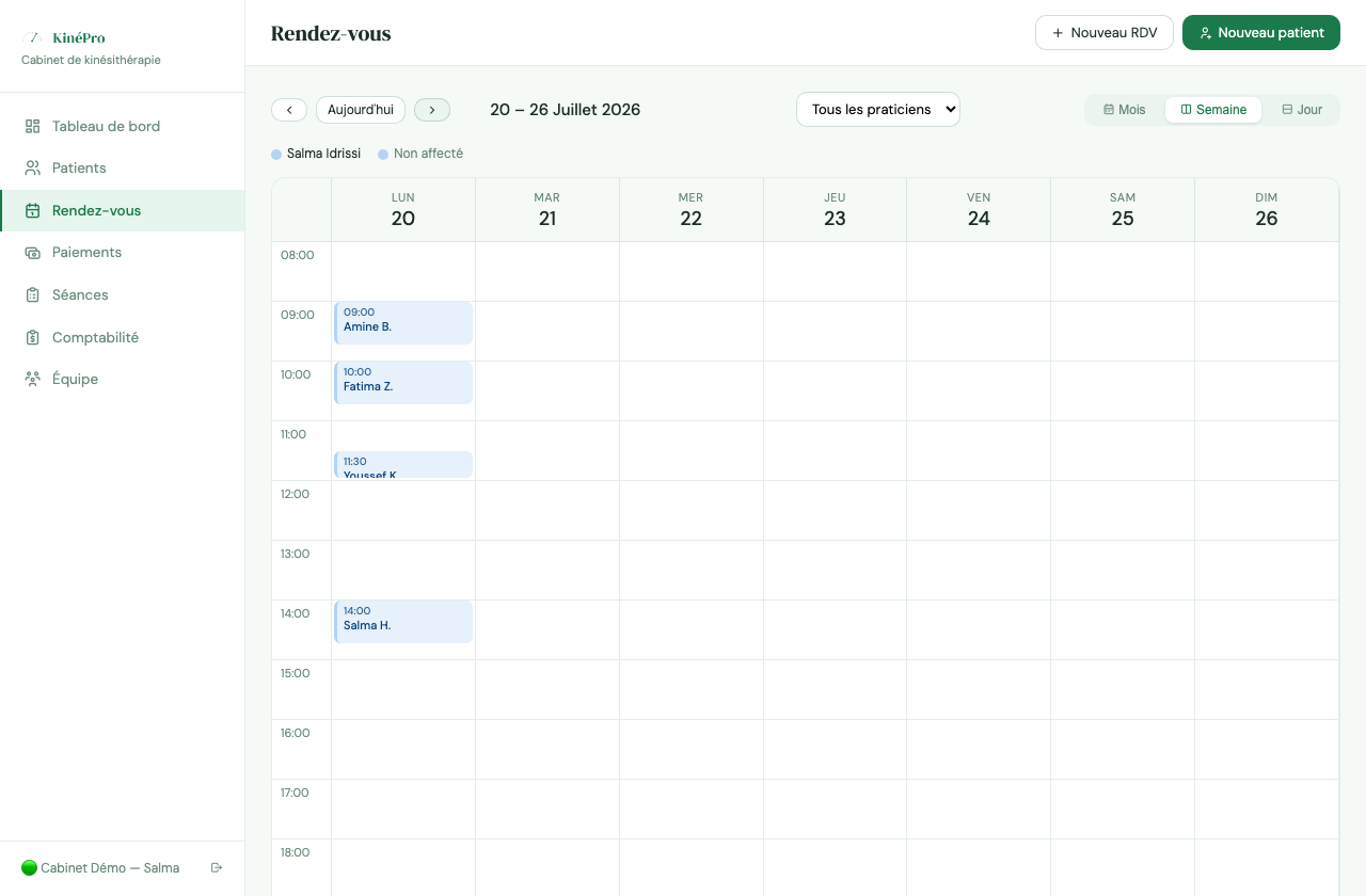 Agenda hebdomadaire KinéPro avec plusieurs rendez-vous répartis dans la semaine